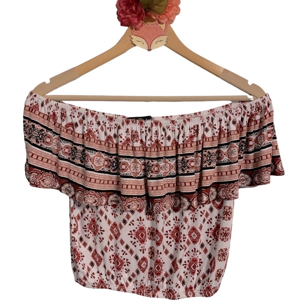 Francesca’s Belle Tweed white boho printed off the shoulder ruffle top